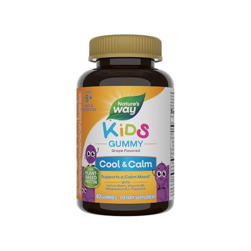 Nature's Way Kids Cool & Calm Gummies, Supports a Calm Mood in Kids Ages 8+*, Lemon Balm, Magnesium, Vitamin B6, L-Theanine, Grape Flavored, Vegetari