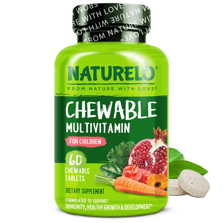 NATURELO Chewable Vitamin for Kids Multivitamin with Whole Food Organic Fruit Blend - 60 Tablets for Children