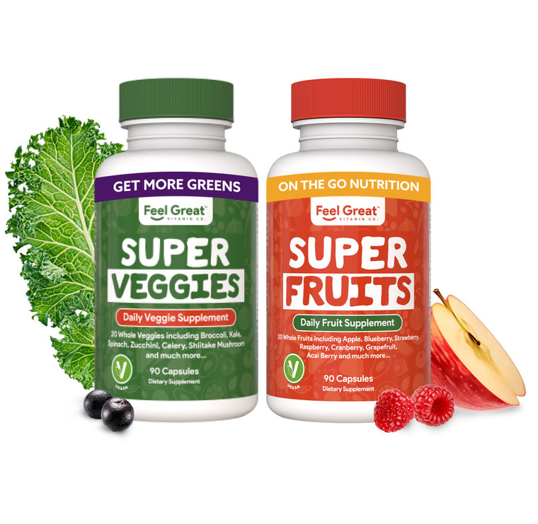Feel Great Fruit and Vegetable Supplements | 20+ Super Reds & Greens for Natural Energy Support | Vegan Fruit and Veggie Vitamins | 2 Pack of 90 Coun