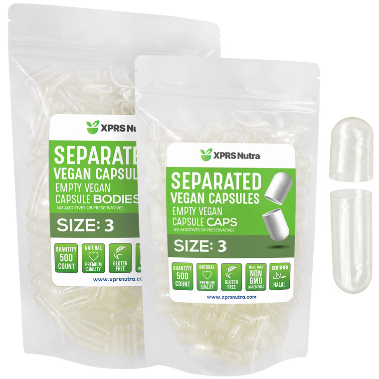 XPRS Nutra Vegan Size 3 Separated Capsules- 500 Count Premium Empty Caps Separated in Bags - Clear Empty Capsules - Pills for DIY Supplement Filling