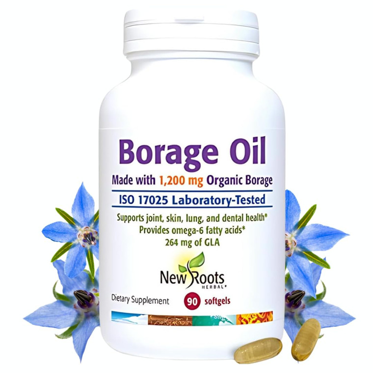 NEW ROOTS HERBAL Borage Oil Supplement 1200 mg | GLA Supplement (264mg) with Linoleic Acid (444mg) | Borage Seed Oil Cold-Pressed, 100% Hexane-Free,