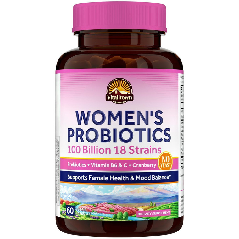 Vitalitown Women's Probiotics | 100 Billion CFUs 18 Strains | Prebiotics, VC & B6, Cranberry | Shelf Stable | Vaginal, Urinary, Digestive & Mood Supp
