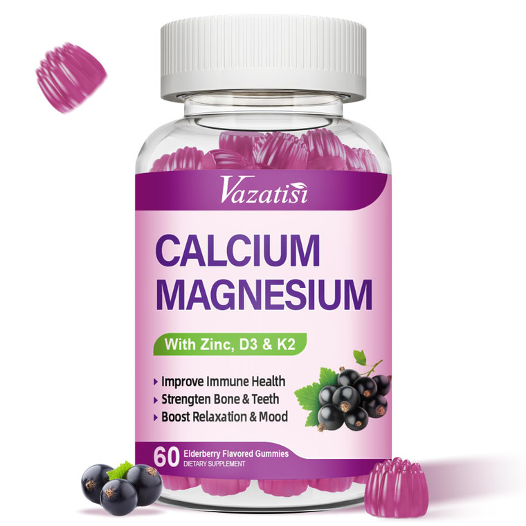 Calcium Magnesium Zinc Gummies with Vitamin D3 and K2, High Absorption Magnesium Glycinate Potassium for Immune and Muscles, Vegan Elderberry Flavor