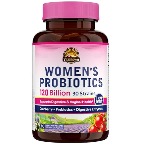 Vitalitown Probiotics for Women 120 Billion CFUs, 30 Strains, with Prebiotics & Digestive Enzymes & Cranberry, Gut & Vaginal Health, Vegan 30 (Pack o