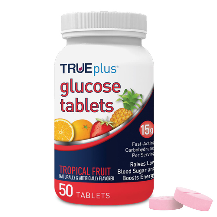 TRUEplus Glucose Tablets, Chewable, Tropical Fruit Flavor, 15g Fast-Acting Carbohydrates, Fat Free, Gluten Free, Raise Low Blood Sugar and Boost Ener