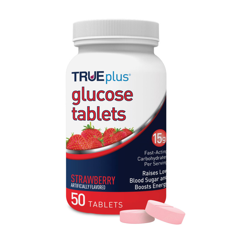 TRUEplus Glucose Tablets, Chewable, Strawberry Flavor, 15g Fast-Acting Carbohydrates, Fat Free, Gluten Free, Raise Low Blood Sugar and Boost Energy,