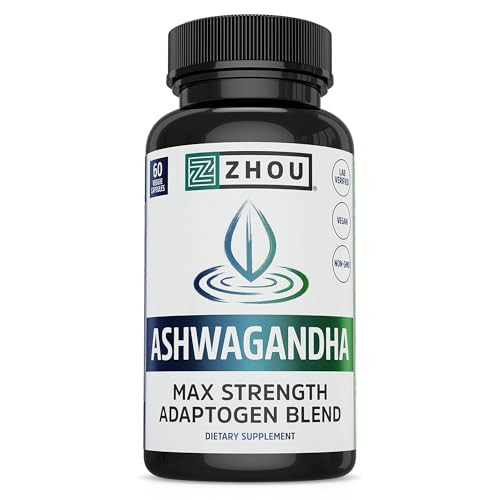 Zhou Nutrition Ashwagandha Capsules, Mood Enhancer, Energy Boost, Blend of Rhodiola, Holy Basil, Cordyceps, Reishi & Ashwagandha Supplement, 30 Servi