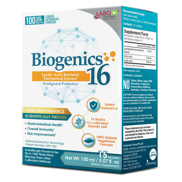 LABO Nutrition Biogenics 16Lactic Acid Bacteria Fermented Extract, 1000x More Effective, Gut Health Support Beyond Probiotics & Prebiotics, Improve
