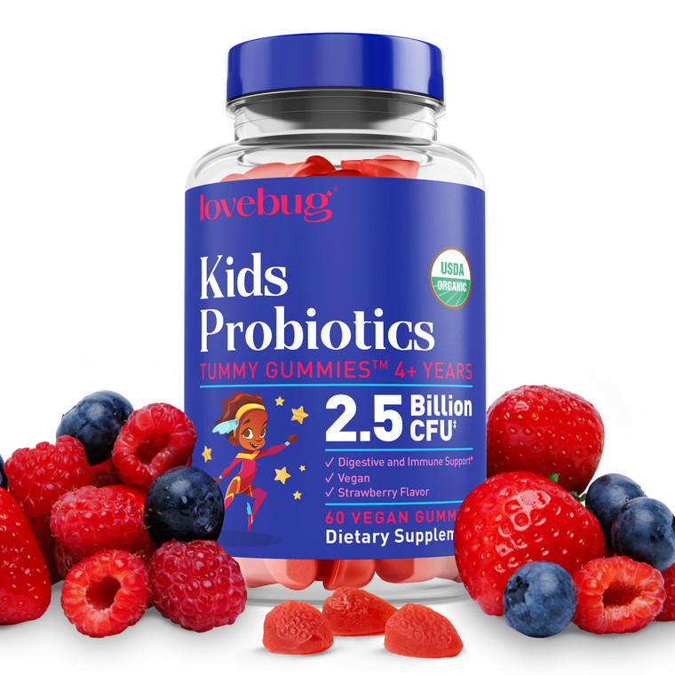LOVEBUG Kids Probiotic Gummies  Organic Chewable Probiotics for Kids Aged 4+, Soil- Based Childrens Probiotic for Gut Health,Constipation,Digestive