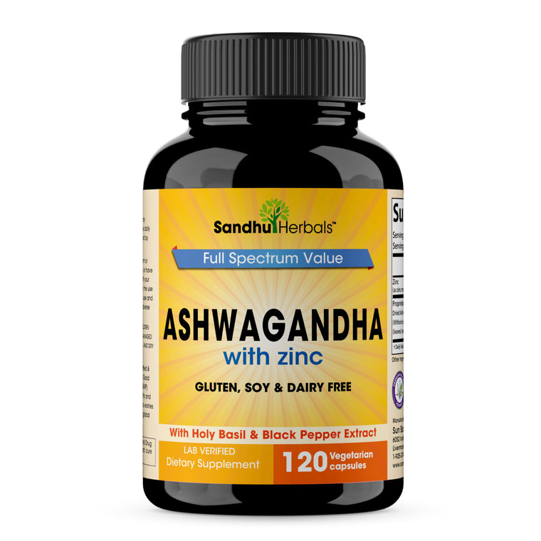 SANDHUHERBALS Organic Ashwagandha Capsules 120 Count | 4 in 1 with Zinc, Black Pepper & Holy Basil Extract | Supports Immune Health | Non-GMO | for M