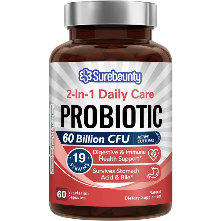 Surebounty Probiotics 60 Billion CFU 19 Strains for Men & Women, with 100mg Prebiotic, Shelf Stable, 2-in-1 Daily Care Probiotic, Non-GMO, Digestive