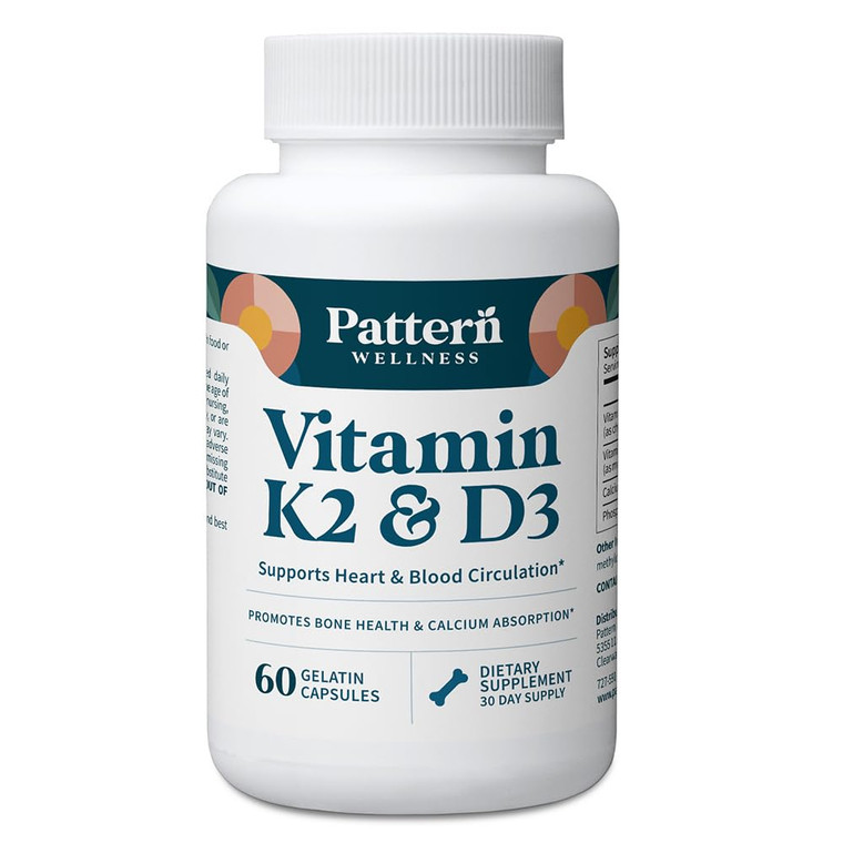 Pattern Wellness Vitamin K2 & D3 Supplement with Calcium  Bone Health, Circulatory Wellness & Immune Support - Non-GMO - 60 Capsules