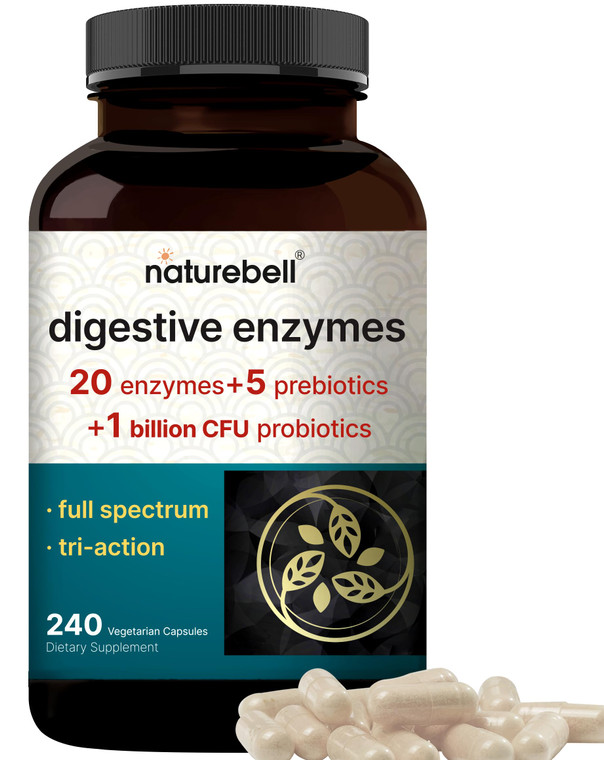 NatureBell Digestive Enzymes - 240 Capsules - Gut & Digestive Health Support Supplement* - with 20 Enzymes, 5 Prebiotics & 10-Strand Probiotic Blend