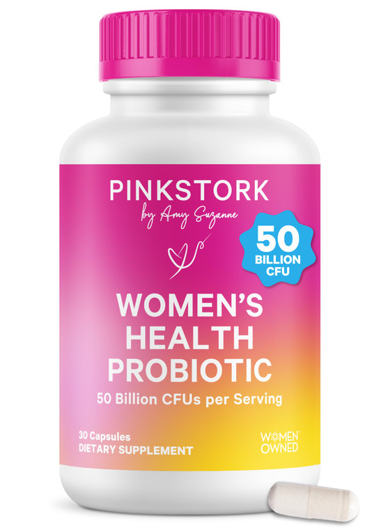 Pink Stork Womens Health Probiotic, 50 Billion CFU | Clinically Studied Probiotics | Vaginal, Gut, Mood, & Hormone Balance | Yeast & Odor Support |
