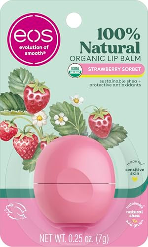eos 100% Natural & Organic Lip Balm - Strawberry Sorbet, All-Day Moisture, Dermatologist Recommended for Sensitive Skin Care, Lip Care Products, 0.25