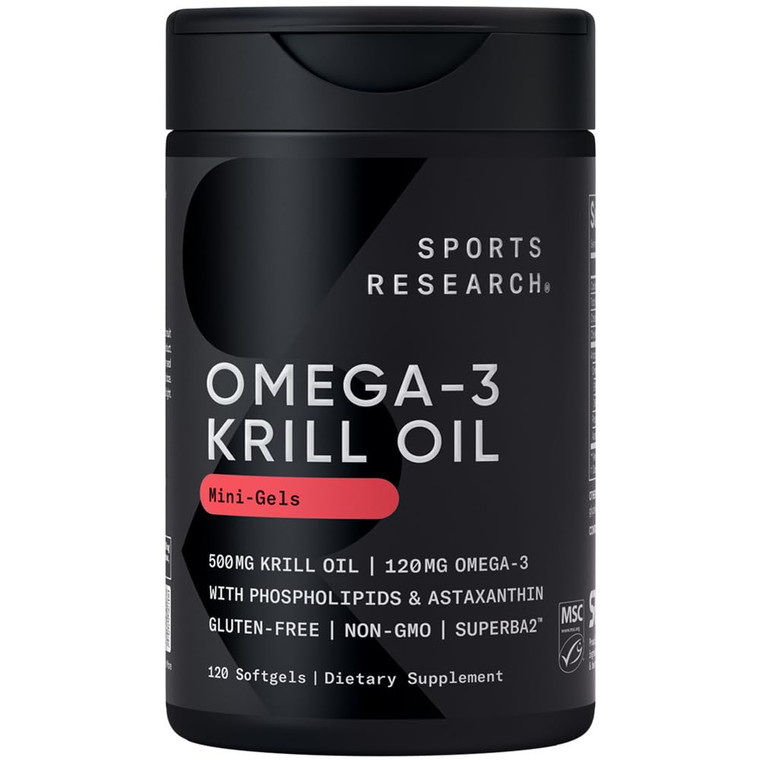 Sports Research® Omega-3 Krill Oil 500mg Mini Gels - Pure Antarctic Superba® Krill w/Choline, Phospholipids & Astaxanthin - MSC Certified Sustainable