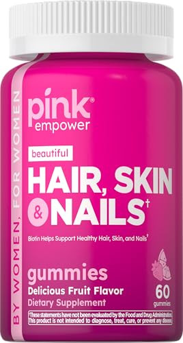 PINK Hair Skin Nails Gummies | 60 Count | Plus Biotin | Non-GMO & Gluten Free Vitamins for Women | Strawberry Flavor