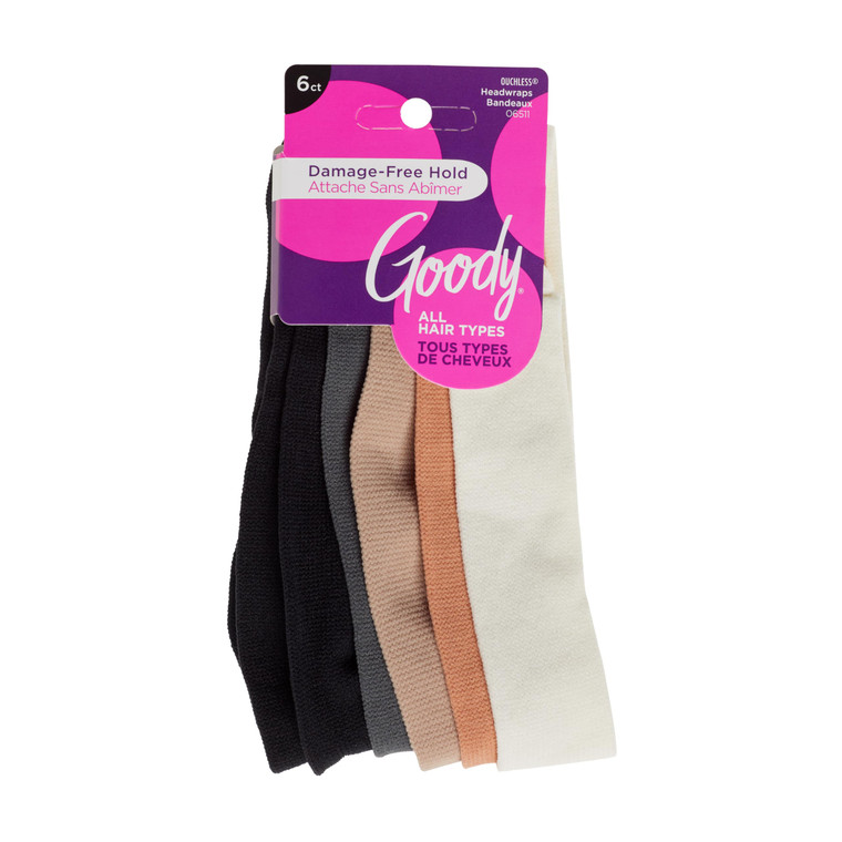 Goody Basic Head Wraps - 6 Ct, Neutral Tones, Damage-Free Soft Hold, Stretchy Head Wraps for Women & Men, Secure Grip Bandeau Headwear, All Hair Type