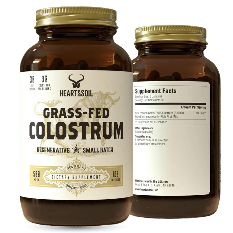 HEART & SOIL 100% Grass Fed & Finished Colostrum Supplement from Regenerative Cattle for Gut, Muscle & Immune Health  3000mg Bovine Colostrum Capsul