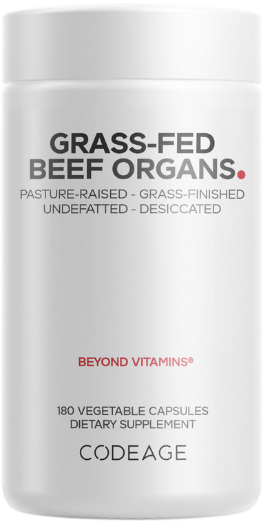 Codeage Grass Fed Beef Organs Supplement  Glandulars Supplements - Freeze Dried, Non-Defatted, Desiccated Liver, Heart, Kidney, Pancreas & Spleen Bo