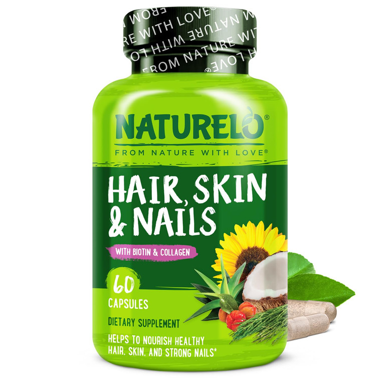 NATURELO Hair, Skin and Nails Vitamins - 5000 mcg Biotin, Collagen, Natural Vitamin E - Supplement for Healthy Skin, Hair Growth for Women and Men 