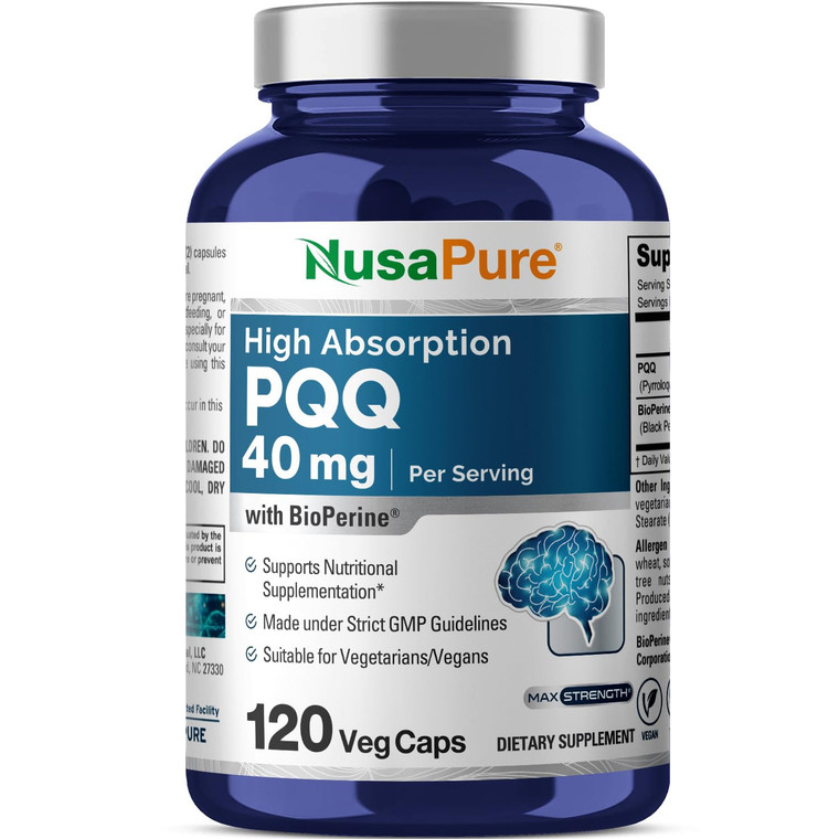 NusaPure PQQ Supplement 40 mg, 120 Veggie Capsules, Non-GMO, Pyrroloquinoline Quinone Disodium Salt, Bioperine & Vegan