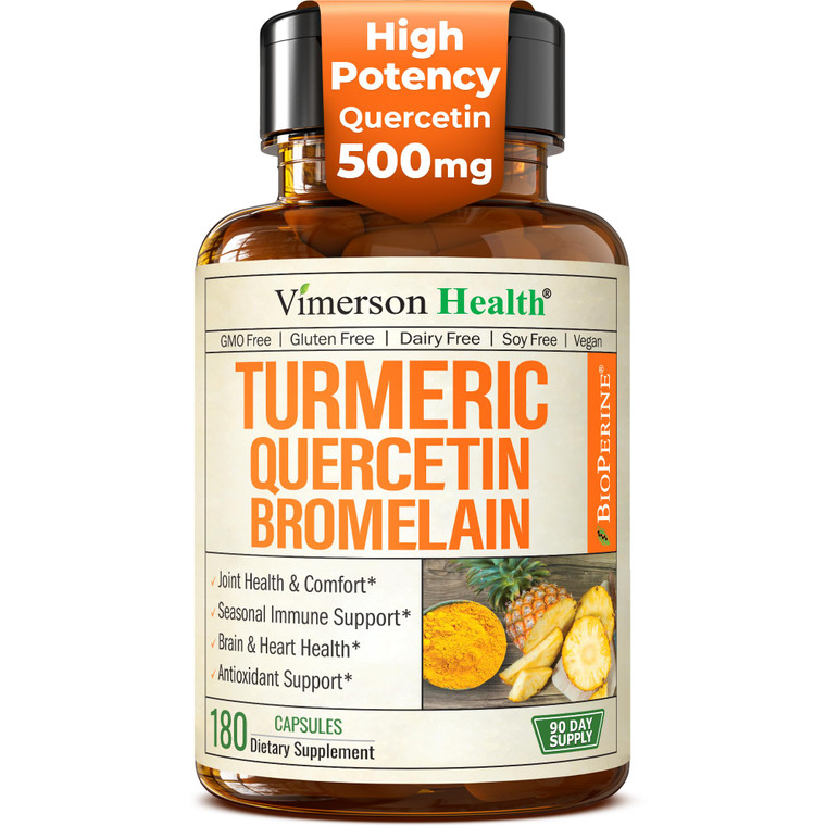Quercetin with Bromelain Turmeric Curcumin Supplement  Allergy Relief, Immune & Joint Support  Organic Turmeric Supplement w/Bioperine for Enhanced