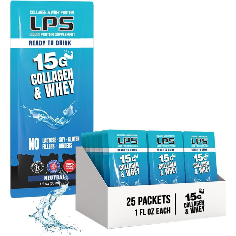 LPS Liquid Collagen & Whey Protein Supplement - Non-GMO Drink, Sugar-Free - Promotes Healthy Skin & Hair for Men & Women, Neutral, Single Serve (25 P