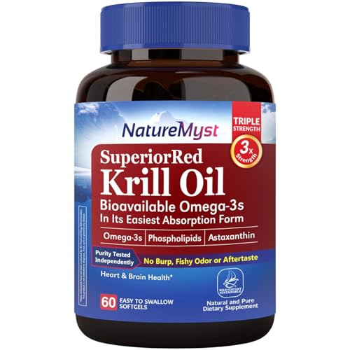 NatureMyst Krill Oil 1000 mg Softgels, Krill Oil Omega-3s, EPA, DHA, Astaxanthin & Phospholipids, 60 Count (Pack of 1), Non-GMO, No Gluten, Made in T