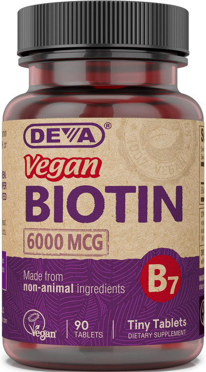 DEVA Vegan Biotin Supplement 6000 mcg  Easy-to-Swallow Vitamin B7, Tiny Tablets, 90 Count