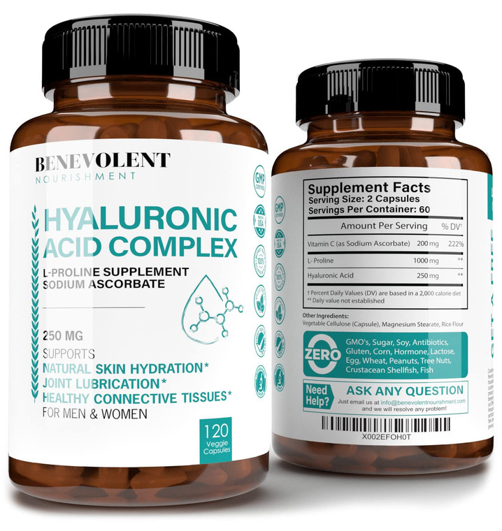 Hyaluronic Acid Supplements 250mg with 200mg Vitamin C, 1000mg L-Proline & Anti-Aging Benefits, Hyaluronic Acid Capsules for Youthful Skin, Joints &