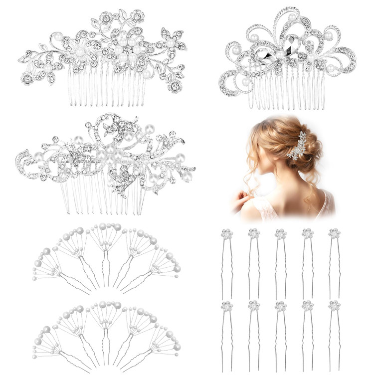 REVEW 23pcs Bridal Hair Comb Accessories Wedding Hair Accessories For Brides Bridal Hair Pins Crystal Pearls Flower Headpiece Hair Pins Decorative