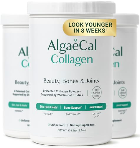 ALGAECAL Collagen - 4 Clinically-Supported Peptides VERISOL®, FORTIGEL®, UC-II®, FORTIBONE®, Anti-Aging Hydrolyzed Collagen Powder, 3 Packs, Made in
