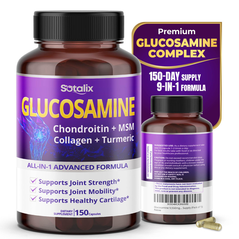 Sotalix Glucosamine 650mg  All-in-1 Joint Support with Chondroitin, MSM, Collagen, Turmeric, Vitamin D3 & Hyaluronic Acid  150 Capsules  Shellfish