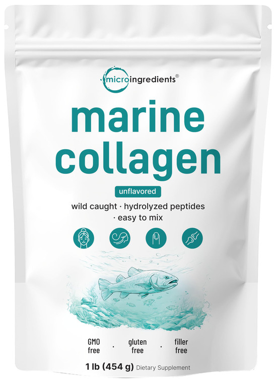 Micro Ingredients Marine Collagen Peptides Powder, 1 lb | Type I Marine Collagen + Natural Protein | Wild-Caught Fish Source | Unflavored | Pescatari