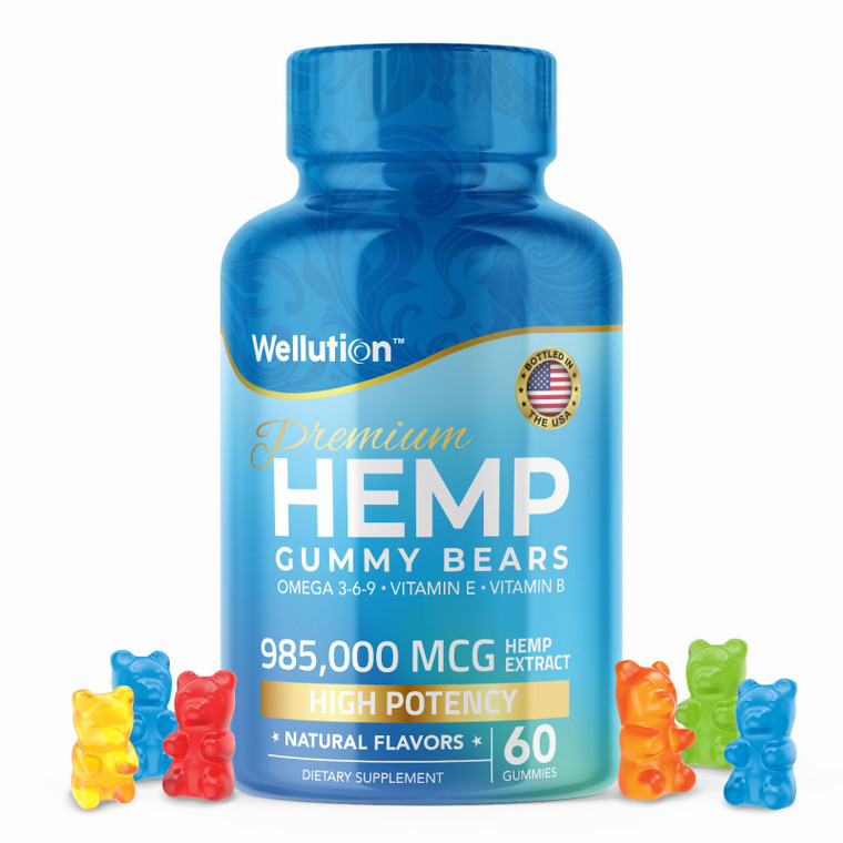 WELLUTION Hemp Gummies  High Potency 985,000 MCG  Natural Fruity Bear for Relaxation and Peace - Fast-Acting - Gluten-Free - 60ct