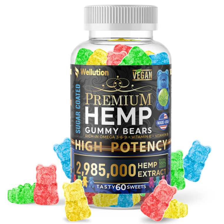 WELLUTION Sugar-Coated Hemp Gummies  High Potency 2,985,000 MCG  Natural Fruity Bears for Relaxation and Peace - Fast-Acting - 60ct