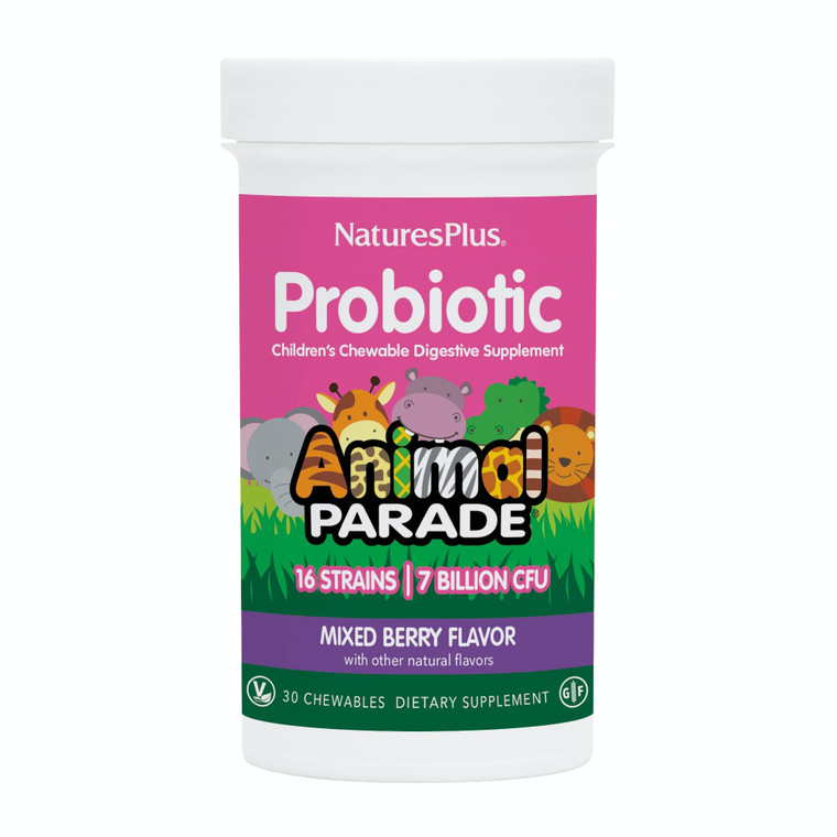 NaturesPlus Animal Parade Probiotic, Mixed Berry - 30 Chewables - Childrens Digestion Supplement - Supports Gut Health & Immune Function - Vegan, Gl