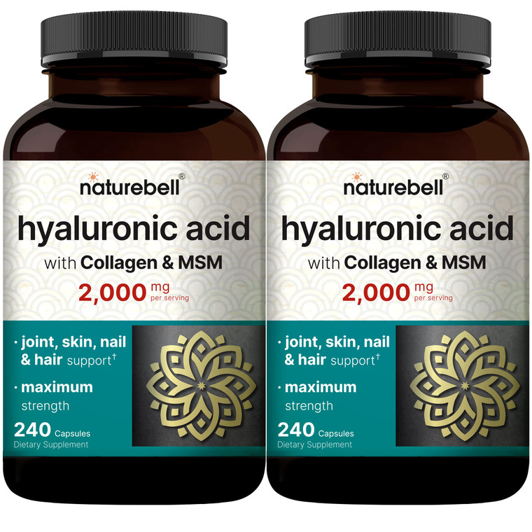 NatureBell 2 Pack Hyaluronic Acid Supplements 2,000 mg | 480 Total Capsules, with MSM & Hydrolyzed Bovine Collagen  3 in 1 Support for Skin Hydratio