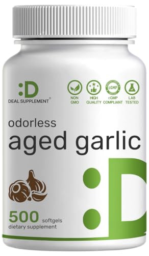 Odorless Aged Garlic, 500 Softgels  Enhanced with MCT Oil - Fresh Allium Sativum Bulb Source  2-Years Aged Garlic Extract  Non-GMO, cGMP Manufactu