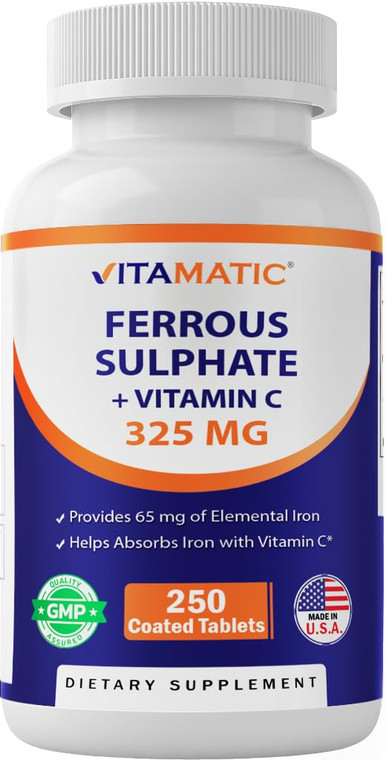 Vitamatic Ferrous Sulfate 325 mg with Vitamin C 100 mg (65 mg Elemental Iron)  High Potency Iron Supplement  No Artificial Colors  250 Coated Tabl