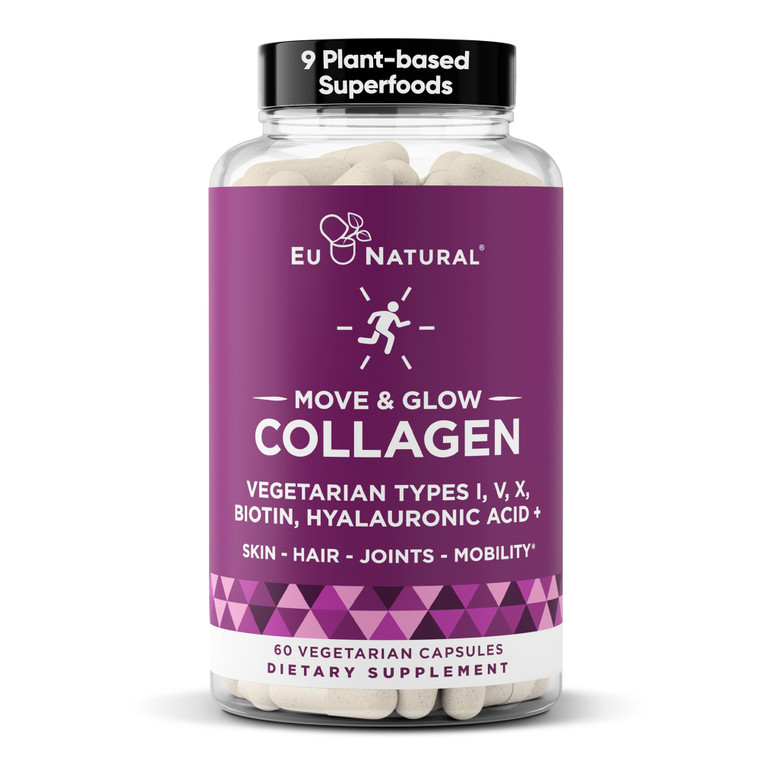 Move & Glow Collagen Pills for Women & Men  Vegetarian Multi-Collagen (Type I-V-X) with 9 Plant-based Superfoods for Skin Health & Joint Support  B