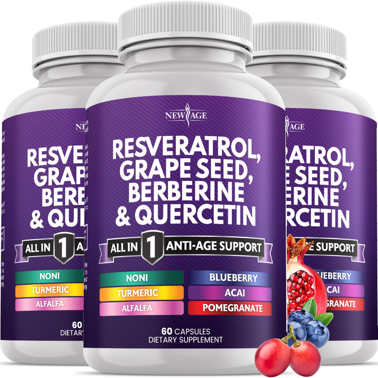 NEW AGE Resveratrol, Berberine, Grape Seed Extract, Quercetin, Polyphenol Supplement for Women and Men with Noni, N-Acetyl Cysteine, Acai - 180 Capsu