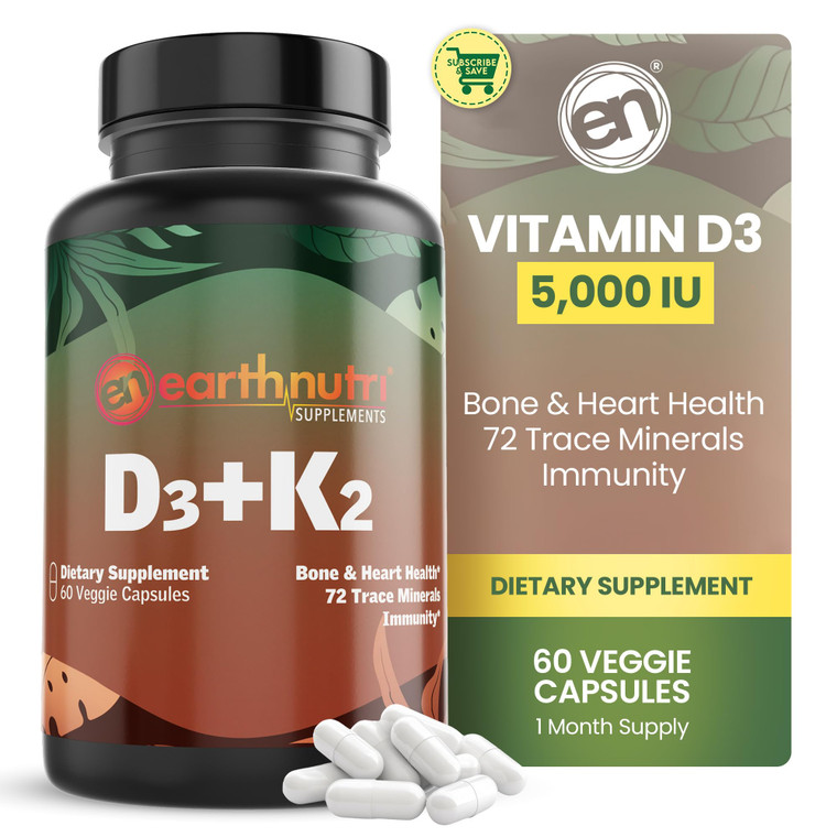 EarthNutri - Vitamin D3 Plus K2 Vitamin Supplement 5000 IU  Includes K2 from MENA Q7, D3 from Vitashine, Calcium from Aquamin & 72 Trace Minerals 