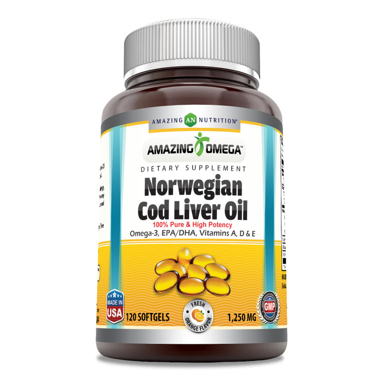 Amazing Omega Norwegian Cod Liver Oil 1250 mg 120 Softgels Supplement (Fresh Orange Flavor)