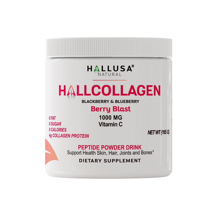 Hallusa Natural Hydrolyzed Collagen Peptides Powder 1000mg with Vitamin C | BlackBerry & Blueberry Flavor | 4g Collagen per Serving | Healthy Hair, S