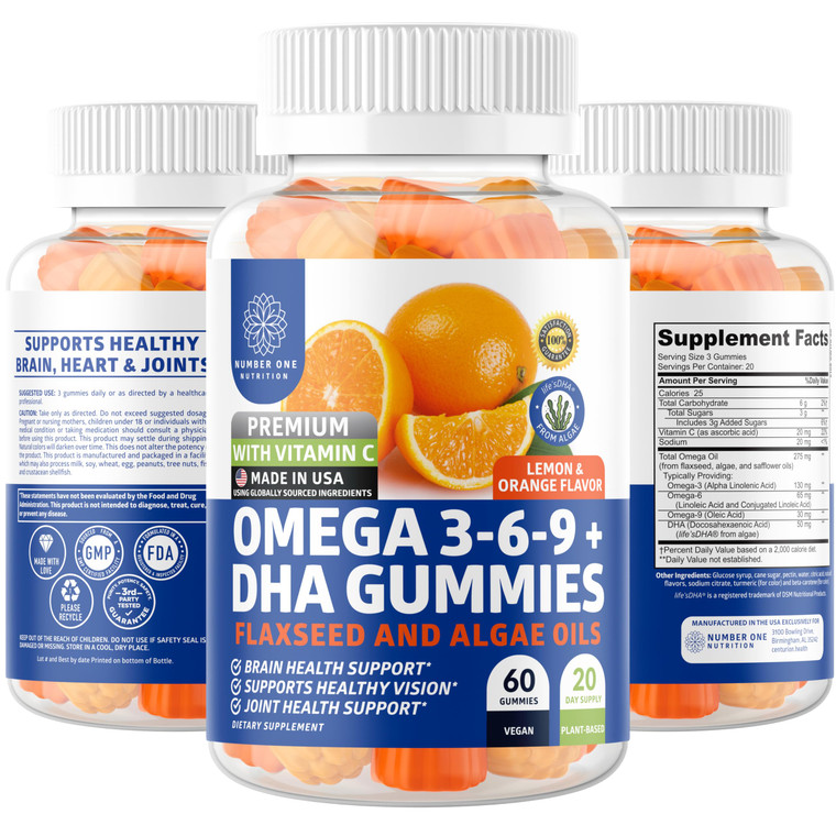 N1N Premium Omega 3 6 9 + DHA Gummies [Vegan, Plant Based] Natural Brain, Immunity and Joint Health Support with Vitamin C, 60 Gummies