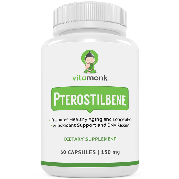 VitaMonk Pterostilbene 150mg Capsules No Artificial Fillers - Soy Free Trans-Pterostilbene Supplement which Promotes Healthy Aging and Longevity - 60