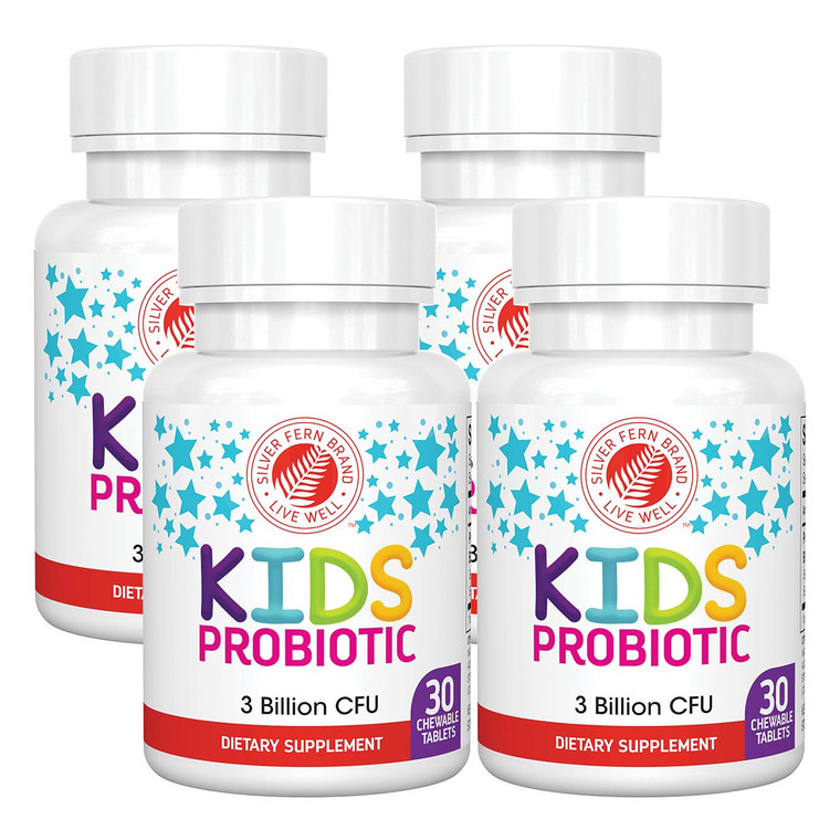 Silver Fern Brand Kids Ultimate Probiotic - 4 Bottles - 30 Chewable Tablets Each - Sugar & Gluten Free - Children's Dietary Supplement - DNA & Surviv
