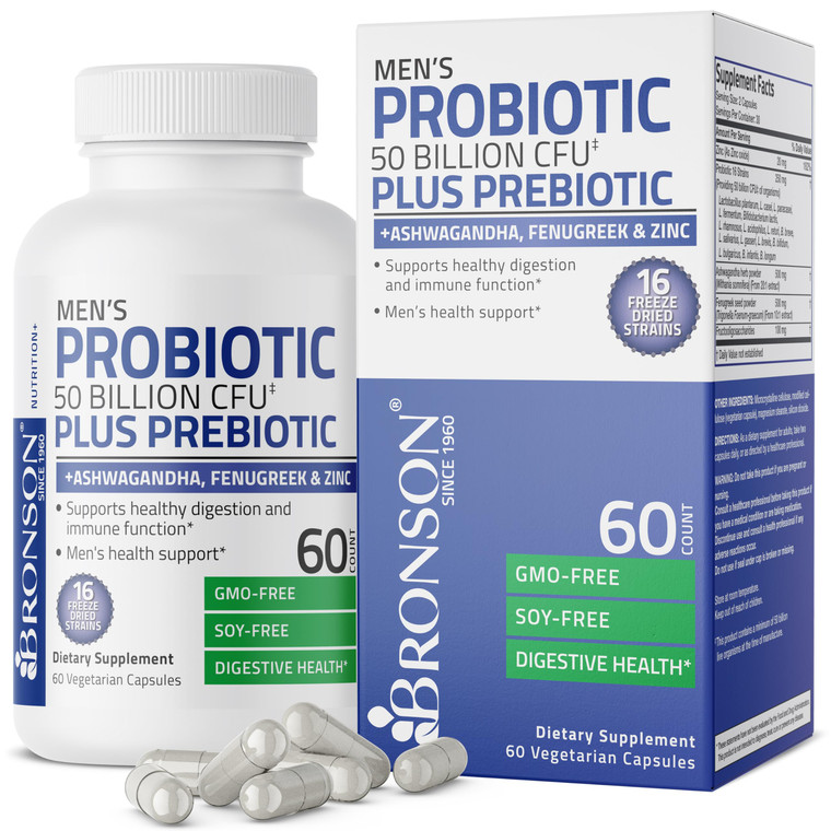 Bronson Men's Probiotic 50 Billion CFU Plus Prebiotic with Ashwagandha, Fenugreek & Zinc, Supports Healthy Digestion & Immune Function Non-GMO, 60 Ve